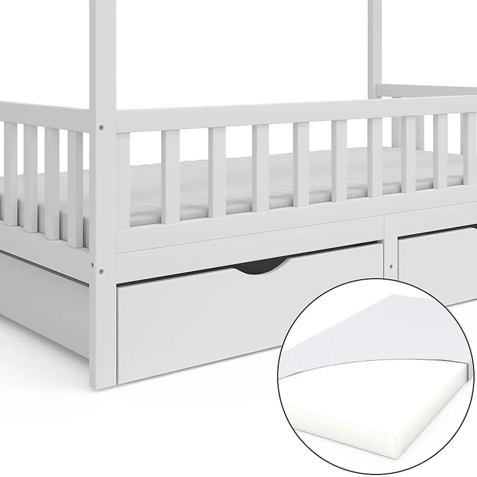 Vitalispa Lit cabane Blanc 80x160 cm avec 2 tiroirs et matelas