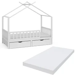 Vitalispa Lit cabane Blanc 80x160 cm avec 2 tiroirs et matelas