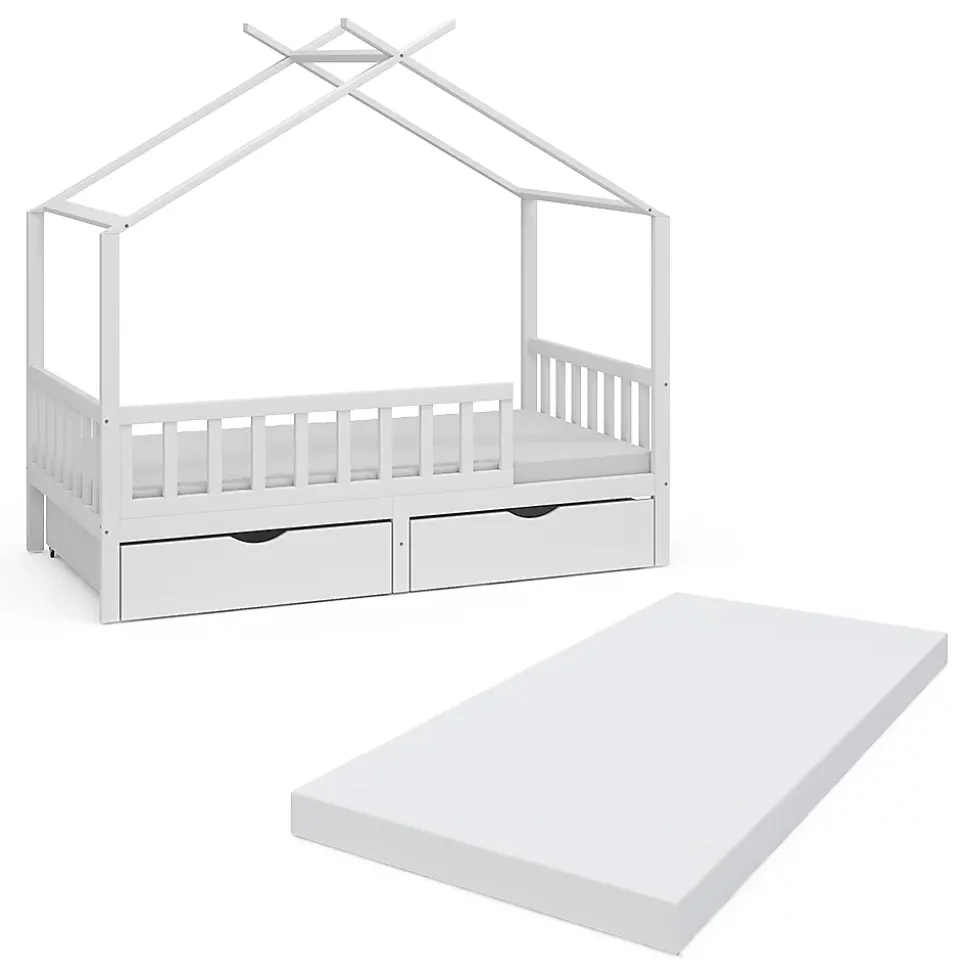 Vitalispa Lit cabane Blanc 80x160 cm avec 2 tiroirs et matelas