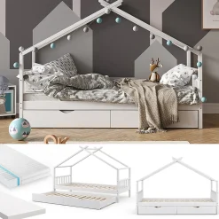 Vitalispa Lit cabane Blanc 90x200 cm avec lit dappoint et 2 matelas