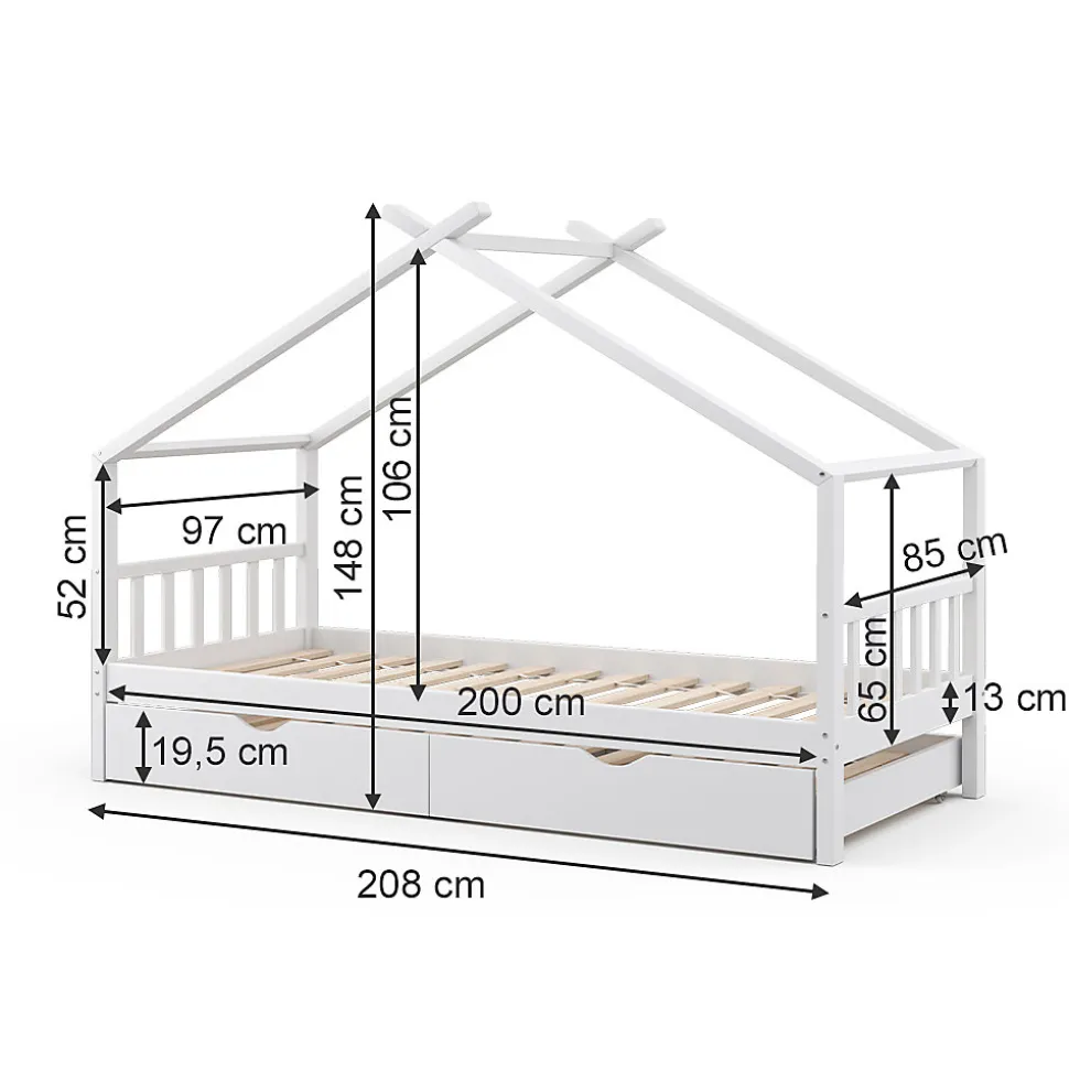 Vitalispa Lit cabane Blanc 90x200 cm avec lit dappoint et 2 matelas