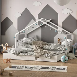 Vitalispa Lit cabane Blanc 90x200 cm avec lit dappoint et 2 matelas