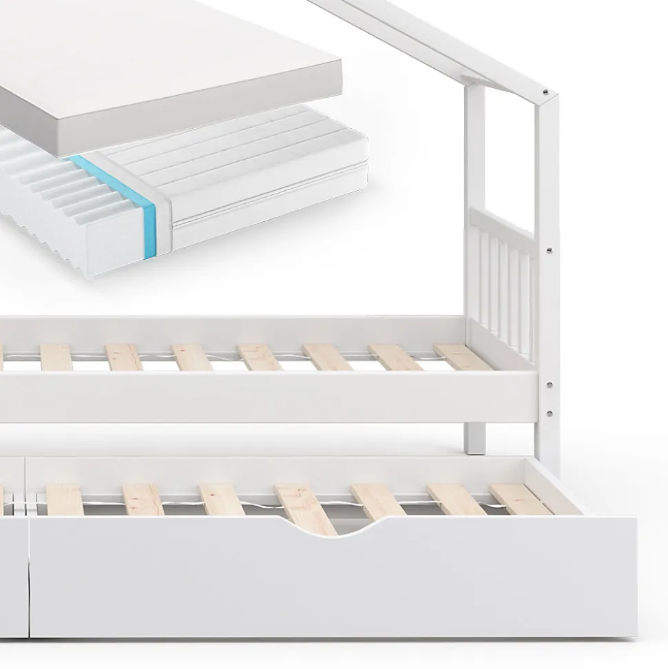 Vitalispa Lit cabane Blanc 90x200 cm avec lit dappoint et 2 matelas