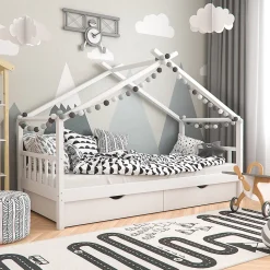 Vitalispa Lit cabane Blanc 90x200 cm avec 2 tiroirs