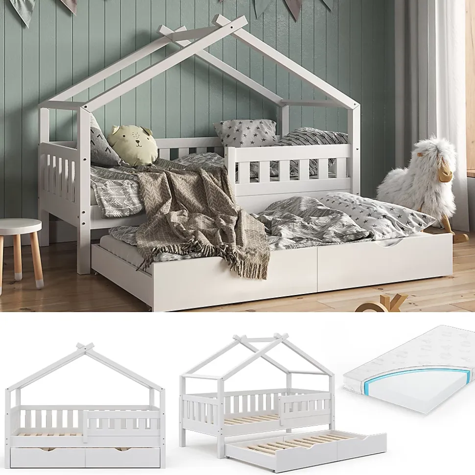 Vitalispa Lit cabane Blanc 80x160 cm avec lit dappoint et matelas