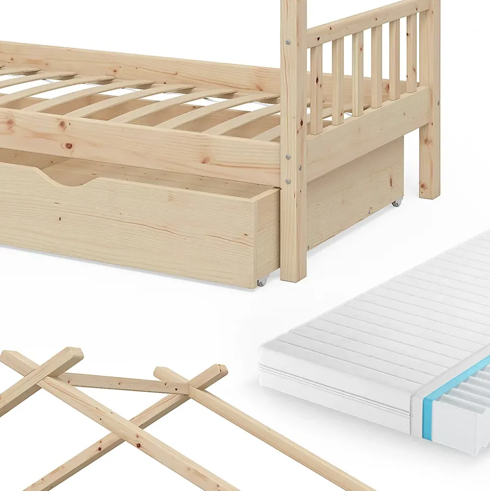 Vitalispa Lit cabane Naturel bois 90x200 cm avec 2 tiroirs et matelas