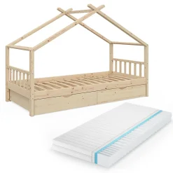 Vitalispa Lit cabane Naturel bois 90x200 cm avec 2 tiroirs et matelas