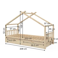 Vitalispa Lit cabane Naturel bois 90x200 cm avec 2 tiroirs et matelas