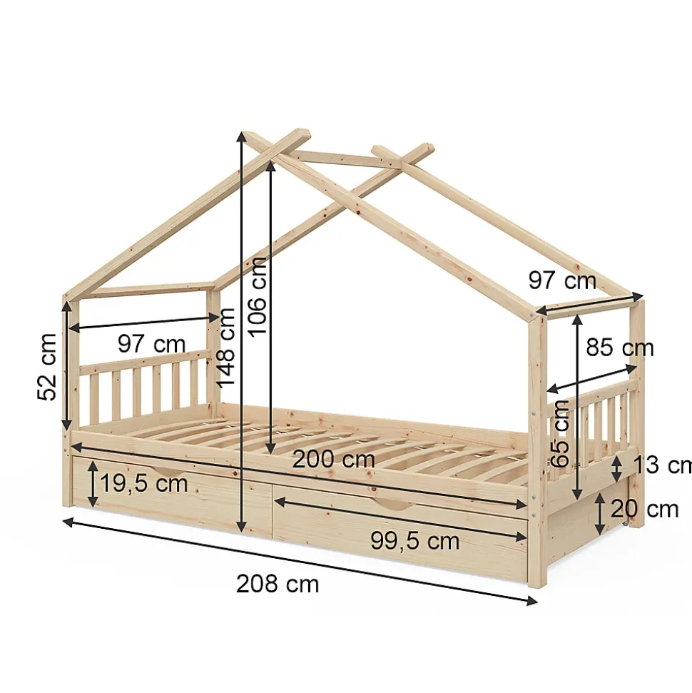 Vitalispa Lit cabane Naturel bois 90x200 cm avec 2 tiroirs et matelas