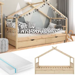 Vitalispa Lit cabane Naturel bois 90x200 cm avec 2 tiroirs et matelas