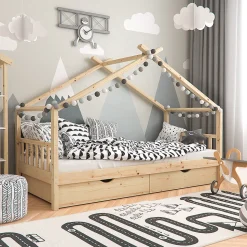 Vitalispa Lit cabane Naturel bois 90x200 cm avec 2 tiroirs et matelas