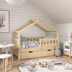 Vitalispa Lit cabane Naturel bois 70x140 cm avec tiroir et matelas