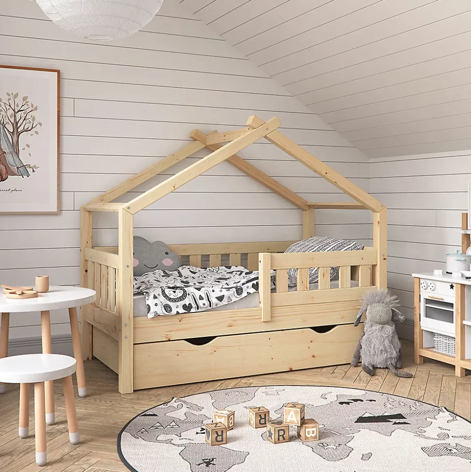 Vitalispa Lit cabane Naturel bois 70x140 cm avec tiroir et matelas