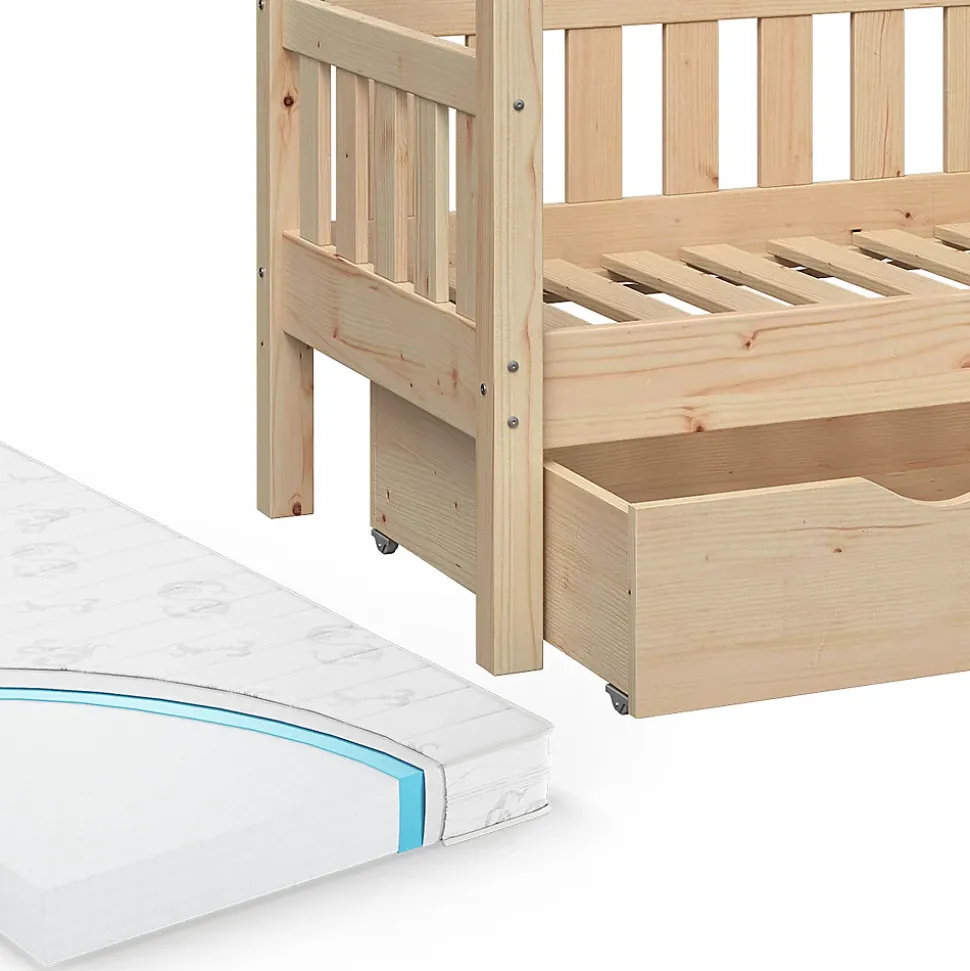 Vitalispa Lit cabane Naturel bois 70x140 cm avec tiroir et matelas