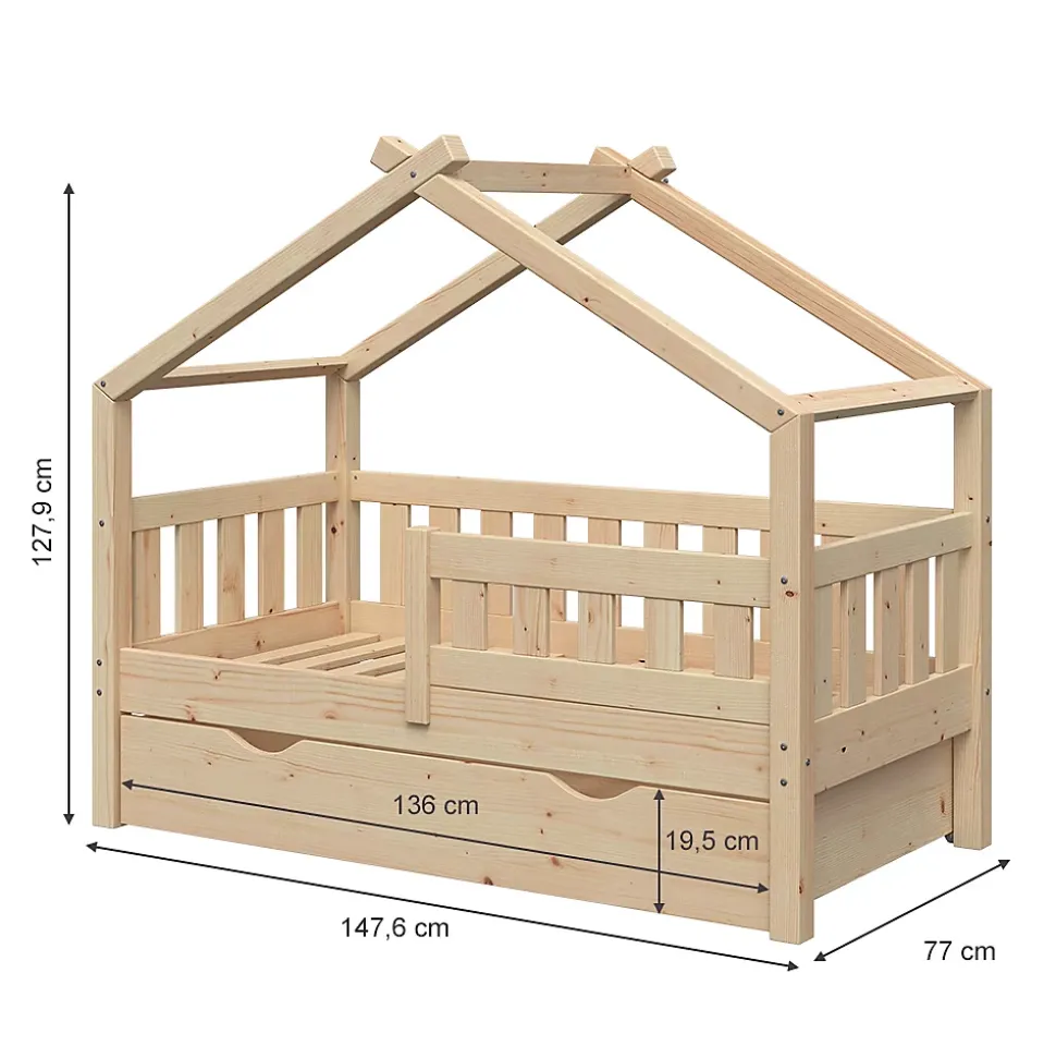 Vitalispa Lit cabane Naturel bois 70x140 cm avec tiroir et matelas