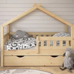 Vitalispa Lit cabane Naturel bois 70x140 cm avec tiroir et matelas