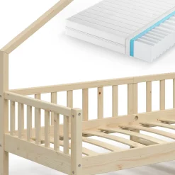 Vitalispa Lit cabane Naturel bois 90x200 cm avec matelas
