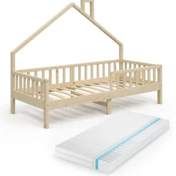 Vitalispa Lit cabane Naturel bois 90x200 cm avec matelas