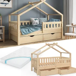 Vitalispa Lit cabane Naturel bois 80x160 cm avec 2 tiroirs et matelas