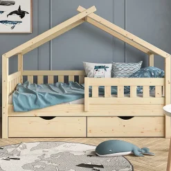 Vitalispa Lit cabane Naturel bois 80x160 cm avec 2 tiroirs et matelas