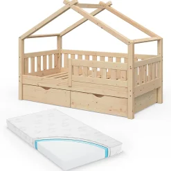 Vitalispa Lit cabane Naturel bois 80x160 cm avec 2 tiroirs et matelas