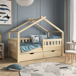 Vitalispa Lit cabane Naturel bois 80x160 cm avec 2 tiroirs et matelas