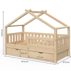 Vitalispa Lit cabane Naturel bois 80x160 cm avec 2 tiroirs et matelas
