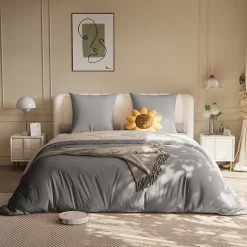 140X200 Parure de lit 4 pièces, lit double, grand lit, 1 housse de couette, 1 drap-housse et 2 taies d'oreiller,gris