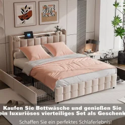 140X200 Parure de lit 4 pièces, lit double, grand lit, 1 housse de couette, 1 drap-housse et 2 taies d'oreiller,rose