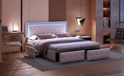 140X200MM Lit d'ameublement avec fonction de chargement USB et partie de tête LED et 4 tiroirs,sans matelas